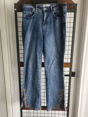 CHARLIE B Medium Blue Flare Jeans with Floral Trim